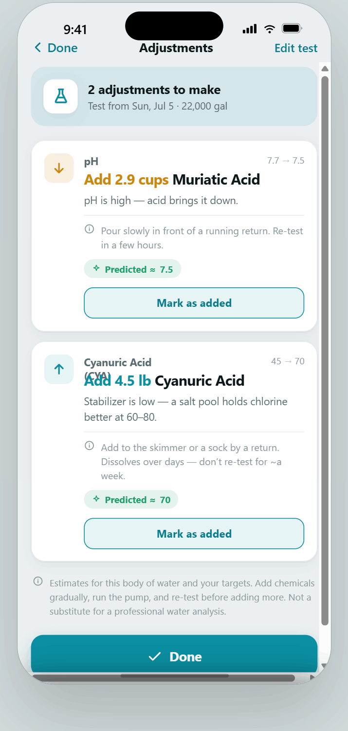 Chemical adjustments screen with exact doses